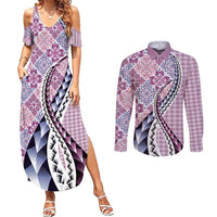 Aloha Vintage Palaka Floral Hawaiian Quilt Couples Matching Summer Maxi Dress and Long Sleeve Button Shirt Akala Motif - Polynesian Pride
