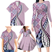 Aloha Vintage Palaka Floral Hawaiian Quilt Family Matching Long Sleeve Bodycon Dress and Hawaiian Shirt Akala Motif - Polynesian Pride