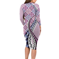 Aloha Vintage Palaka Floral Hawaiian Quilt Long Sleeve Bodycon Dress Akala Motif - Polynesian Pride