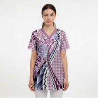 Aloha Vintage Palaka Floral Hawaiian Quilt Scrub Top Akala Motif - Polynesian Pride