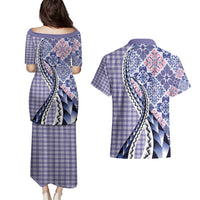 Aloha Vintage Palaka Floral Hawaiian Quilt Couples Matching Puletasi and Hawaiian Shirt Poni Motif - Polynesian Pride