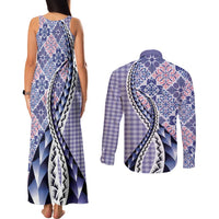 Aloha Vintage Palaka Floral Hawaiian Quilt Couples Matching Tank Maxi Dress and Long Sleeve Button Shirt Poni Motif - Polynesian Pride