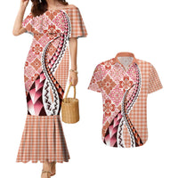 Aloha Vintage Palaka Floral Hawaiian Quilt Couples Matching Mermaid Dress and Hawaiian Shirt Ulaula Motif - Polynesian Pride