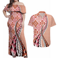 Aloha Vintage Palaka Floral Hawaiian Quilt Couples Matching Off Shoulder Maxi Dress and Hawaiian Shirt Ulaula Motif - Polynesian Pride