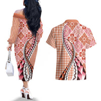 Aloha Vintage Palaka Floral Hawaiian Quilt Couples Matching Off The Shoulder Long Sleeve Dress and Hawaiian Shirt Ulaula Motif - Polynesian Pride