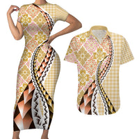 Aloha Vintage Palaka Floral Hawaiian Quilt Couples Matching Short Sleeve Bodycon Dress and Hawaiian Shirt Melemele Motif - Polynesian Pride