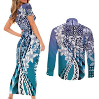 Aloha Vintage Plumeria Hawaiian Tapa Pattern Couples Matching Short Sleeve Bodycon Dress and Long Sleeve Button Shirt Blue Hawaiian Tapa Pattern - Polynesian Pride