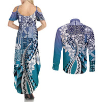 Aloha Vintage Plumeria Hawaiian Tapa Pattern Couples Matching Summer Maxi Dress and Long Sleeve Button Shirt Blue Hawaiian Tapa Pattern - Polynesian Pride