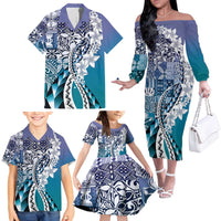Aloha Vintage Plumeria Hawaiian Tapa Pattern Family Matching Off The Shoulder Long Sleeve Dress and Hawaiian Shirt Blue Hawaiian Tapa Pattern - Polynesian Pride