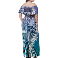 Aloha Vintage Plumeria Hawaiian Tapa Pattern Family Matching Off Shoulder Maxi Dress and Hawaiian Shirt Blue Hawaiian Tapa Pattern - Polynesian Pride