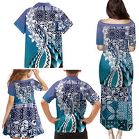 Aloha Vintage Plumeria Hawaiian Tapa Pattern Family Matching Puletasi and Hawaiian Shirt Blue Hawaiian Tapa Pattern - Polynesian Pride