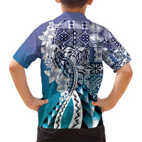 Aloha Vintage Plumeria Hawaiian Tapa Pattern Family Matching Short Sleeve Bodycon Dress and Hawaiian Shirt Blue Hawaiian Tapa Pattern - Polynesian Pride