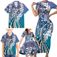 Aloha Vintage Plumeria Hawaiian Tapa Pattern Family Matching Short Sleeve Bodycon Dress and Hawaiian Shirt Blue Hawaiian Tapa Pattern - Polynesian Pride