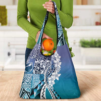 Aloha Vintage Plumeria Hawaiian Tapa Pattern Grocery Bag Blue Hawaiian Tapa Pattern - Polynesian Pride