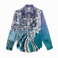 Aloha Vintage Plumeria Hawaiian Tapa Pattern Women Casual Shirt Blue Hawaiian Tapa Pattern - Polynesian Pride