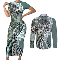 Aloha Vintage Plumeria Hawaiian Tapa Pattern Couples Matching Short Sleeve Bodycon Dress and Long Sleeve Button Shirt Dark Turquoise Hawaiian Tapa Pattern - Polynesian Pride