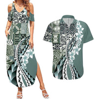 Aloha Vintage Plumeria Hawaiian Tapa Pattern Couples Matching Summer Maxi Dress and Hawaiian Shirt Dark Turquoise Hawaiian Tapa Pattern - Polynesian Pride