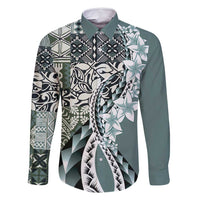 Aloha Vintage Plumeria Hawaiian Tapa Pattern Family Matching Mermaid Dress and Hawaiian Shirt Dark Turquoise Hawaiian Tapa Pattern - Polynesian Pride