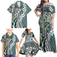 Aloha Vintage Plumeria Hawaiian Tapa Pattern Family Matching Off Shoulder Maxi Dress and Hawaiian Shirt Dark Turquoise Hawaiian Tapa Pattern - Polynesian Pride