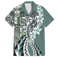 Aloha Vintage Plumeria Hawaiian Tapa Pattern Family Matching Off Shoulder Short Dress and Hawaiian Shirt Dark Turquoise Hawaiian Tapa Pattern - Polynesian Pride
