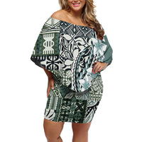 Aloha Vintage Plumeria Hawaiian Tapa Pattern Family Matching Off Shoulder Short Dress and Hawaiian Shirt Dark Turquoise Hawaiian Tapa Pattern - Polynesian Pride