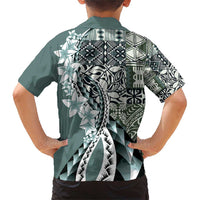 Aloha Vintage Plumeria Hawaiian Tapa Pattern Family Matching Short Sleeve Bodycon Dress and Hawaiian Shirt Dark Turquoise Hawaiian Tapa Pattern - Polynesian Pride