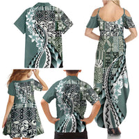 Aloha Vintage Plumeria Hawaiian Tapa Pattern Family Matching Summer Maxi Dress and Hawaiian Shirt Dark Turquoise Hawaiian Tapa Pattern - Polynesian Pride