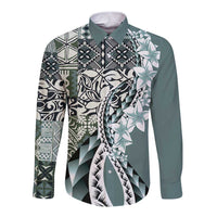 Aloha Vintage Plumeria Hawaiian Tapa Pattern Long Sleeve Button Shirt Dark Turquoise Hawaiian Tapa Pattern - Polynesian Pride