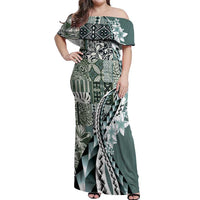 Aloha Vintage Plumeria Hawaiian Tapa Pattern Off Shoulder Maxi Dress Dark Turquoise Hawaiian Tapa Pattern - Polynesian Pride