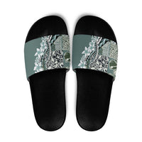 Aloha Vintage Plumeria Hawaiian Tapa Pattern Slide Sandals Dark Turquoise Hawaiian Tapa Pattern - Polynesian Pride
