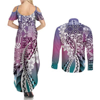 Aloha Vintage Plumeria Hawaiian Tapa Pattern Couples Matching Summer Maxi Dress and Long Sleeve Button Shirt Gradient Hawaiian Tapa Pattern - Polynesian Pride