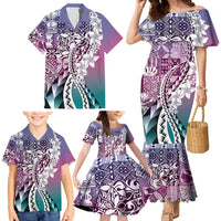 Aloha Vintage Plumeria Hawaiian Tapa Pattern Family Matching Mermaid Dress and Hawaiian Shirt Gradient Hawaiian Tapa Pattern - Polynesian Pride
