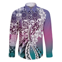 Aloha Vintage Plumeria Hawaiian Tapa Pattern Family Matching Off The Shoulder Long Sleeve Dress and Hawaiian Shirt Gradient Hawaiian Tapa Pattern - Polynesian Pride