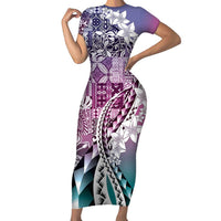 Aloha Vintage Plumeria Hawaiian Tapa Pattern Short Sleeve Bodycon Dress Gradient Hawaiian Tapa Pattern - Polynesian Pride