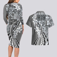 Aloha Vintage Plumeria Hawaiian Tapa Pattern Couples Matching Long Sleeve Bodycon Dress and Hawaiian Shirt Gray Hawaiian Tapa Pattern - Polynesian Pride