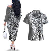 Aloha Vintage Plumeria Hawaiian Tapa Pattern Couples Matching Off The Shoulder Long Sleeve Dress and Hawaiian Shirt Gray Hawaiian Tapa Pattern - Polynesian Pride