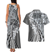 Aloha Vintage Plumeria Hawaiian Tapa Pattern Couples Matching Tank Maxi Dress and Hawaiian Shirt Gray Hawaiian Tapa Pattern - Polynesian Pride