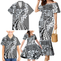 Aloha Vintage Plumeria Hawaiian Tapa Pattern Family Matching Mermaid Dress and Hawaiian Shirt Gray Hawaiian Tapa Pattern - Polynesian Pride