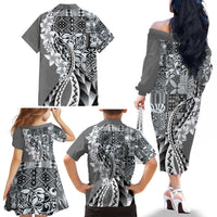 Aloha Vintage Plumeria Hawaiian Tapa Pattern Family Matching Off The Shoulder Long Sleeve Dress and Hawaiian Shirt Gray Hawaiian Tapa Pattern - Polynesian Pride