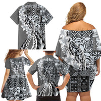 Aloha Vintage Plumeria Hawaiian Tapa Pattern Family Matching Off Shoulder Short Dress and Hawaiian Shirt Gray Hawaiian Tapa Pattern - Polynesian Pride