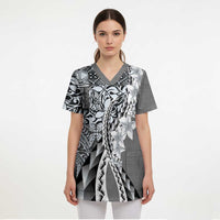 Aloha Vintage Plumeria Hawaiian Tapa Pattern Scrub Top Gray Hawaiian Tapa Pattern - Polynesian Pride