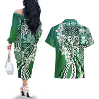 Aloha Vintage Plumeria Hawaiian Tapa Pattern Couples Matching Off The Shoulder Long Sleeve Dress and Hawaiian Shirt Green Hawaiian Tapa Pattern - Polynesian Pride
