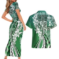 Aloha Vintage Plumeria Hawaiian Tapa Pattern Couples Matching Short Sleeve Bodycon Dress and Hawaiian Shirt Green Hawaiian Tapa Pattern - Polynesian Pride