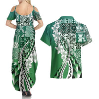 Aloha Vintage Plumeria Hawaiian Tapa Pattern Couples Matching Summer Maxi Dress and Hawaiian Shirt Green Hawaiian Tapa Pattern - Polynesian Pride