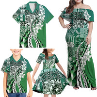 Aloha Vintage Plumeria Hawaiian Tapa Pattern Family Matching Off Shoulder Maxi Dress and Hawaiian Shirt Green Hawaiian Tapa Pattern - Polynesian Pride