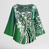 Aloha Vintage Plumeria Hawaiian Tapa Pattern Kimono Sleeve Blouse Green Hawaiian Tapa Pattern - Polynesian Pride
