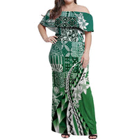 Aloha Vintage Plumeria Hawaiian Tapa Pattern Off Shoulder Maxi Dress Green Hawaiian Tapa Pattern - Polynesian Pride
