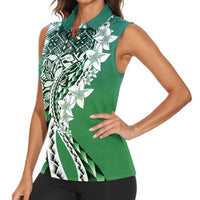 Aloha Vintage Plumeria Hawaiian Tapa Pattern Women Sleeveless Polo Shirt Green Hawaiian Tapa Pattern - Polynesian Pride