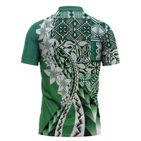 Aloha Vintage Plumeria Hawaiian Tapa Pattern Zipper Polo Shirt Green Hawaiian Tapa Pattern - Polynesian Pride