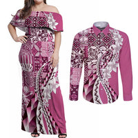 Aloha Vintage Plumeria Hawaiian Tapa Pattern Couples Matching Off Shoulder Maxi Dress and Long Sleeve Button Shirt Pink Hawaiian Tapa Pattern - Polynesian Pride